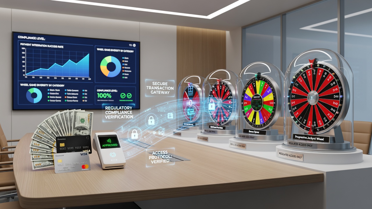 Regulatory documents and payment method icons overlaid on a wheel game selection interface